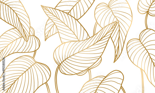Golden leave and floral background. Luxury Floral in art deco style. Classy gold natural pattern design illustration.