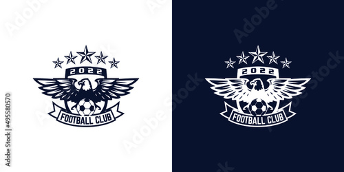 Soccer club monochrome badge with angry eagle mascot holding club name inscription in vintage style isolated vector illustration