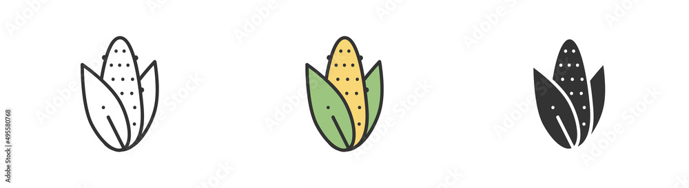 Simple minimalism corn icons in modern style for web apps. Outline, colorful and glyph vector flat illustration Simple minimalism corn icons in modern style for web apps. Outline, colorful and glyph vector flat illustration