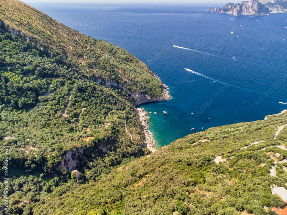Aerial view of Punta Campanella on a sunny day, Amalfi Coast - Italy.