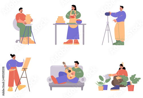 People doing different hobbies, music, cooking, sculpture, painting, making movie and gardening. Vector flat illustration of men play guitar, with camera, women cook cake, watering plants and draw