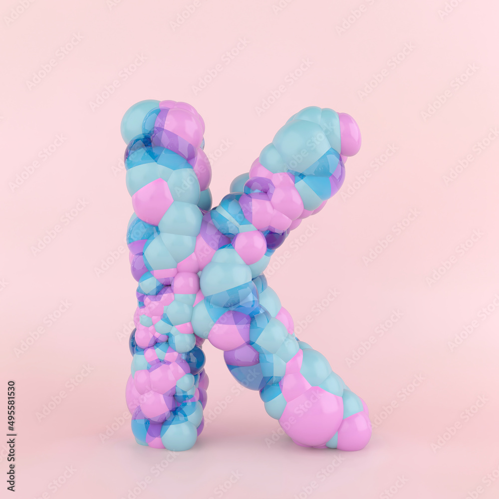 Creative letter K concept made of colorful pastel balloons. Balloon font concept on pastel pink background. 3D Illustration. Creative letter K concept made of colorful pastel balloons. Balloon font concept on pastel pink background. 3D Illustration.