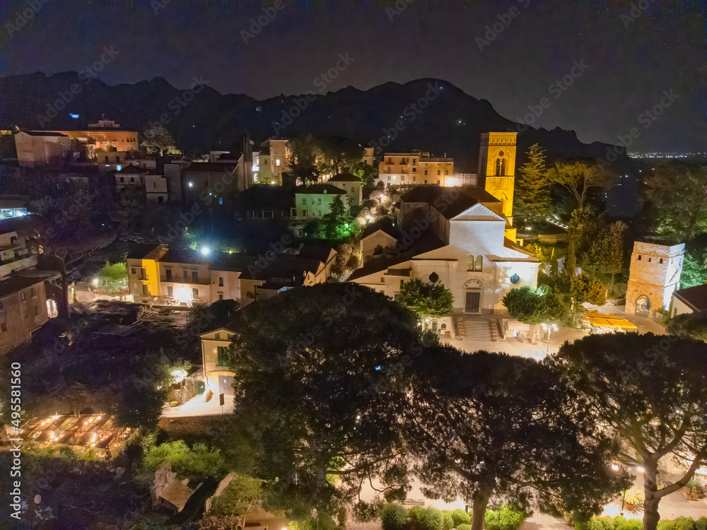 Aerial view of Ravello at night from drone, Amalfi Coast - Italy.