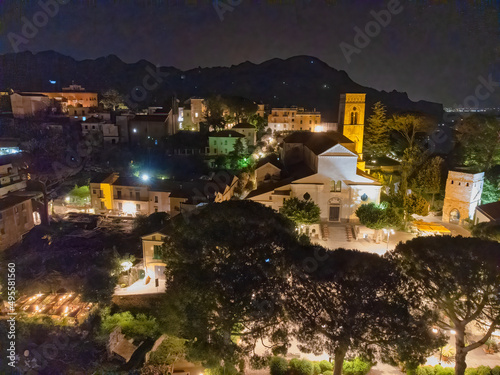 Aerial view of Ravello at night from drone  Amalfi Coast - Italy.