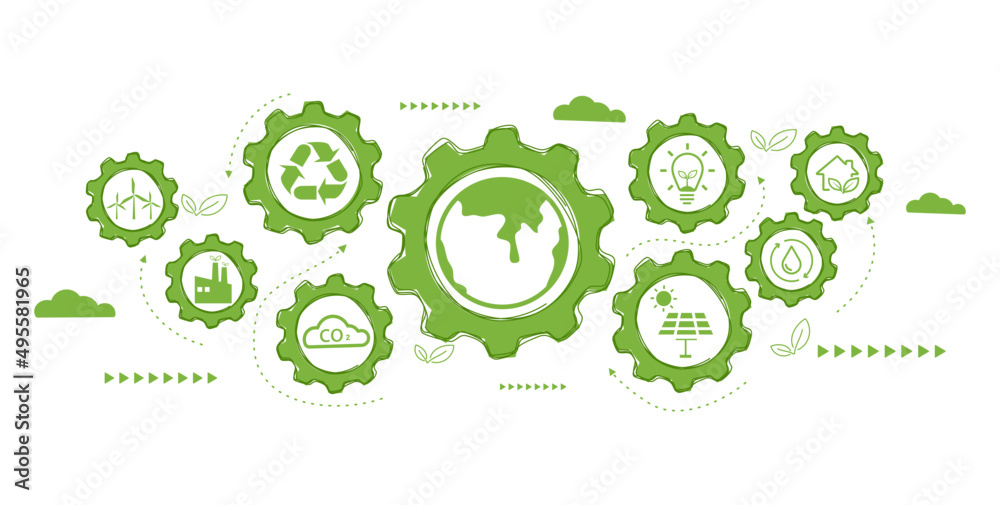 World environment and sustainable development concept with ecology doodle icons in gear, vector environment, eco friendly, green technology and ecology symbols. isolated vector in flat style World environment and sustainable development concept with ecology doodle icons in gear, vector environment, eco friendly, green technology and ecology symbols. isolated vector in flat style