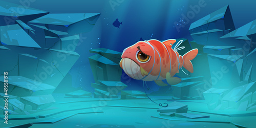 Ocean pollution problem concept. Underwater sea landscape with sad fish entangled in fishing line. Vector cartoon illustration of polluted environment, marine animals tangle in trash