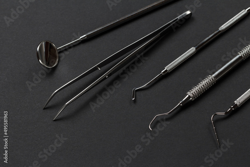 Set of metal dental instruments for teeth dental care