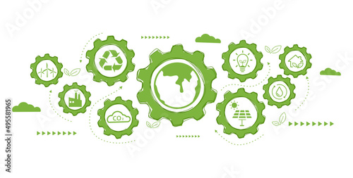 World environment and sustainable development concept with ecology doodle icons in gear, vector environment, eco friendly, green technology and ecology symbols. isolated vector in flat style