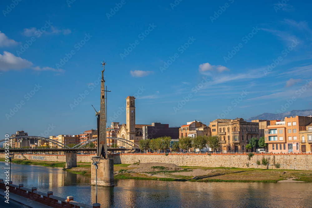 View to the Franco monument at the Ebro river in Tortosa, Catalonia, Tarragona, Spain.