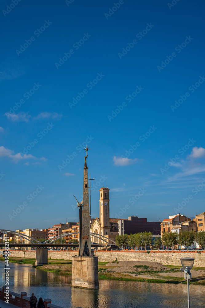 View to the Franco monument at the Ebro river in Tortosa, Catalonia, Tarragona, Spain. vertical