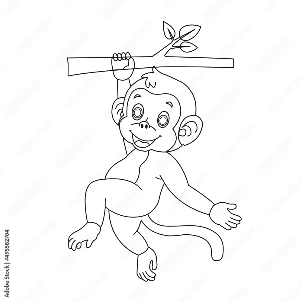 Cute little monkey outline coloring page for kids animal coloring book