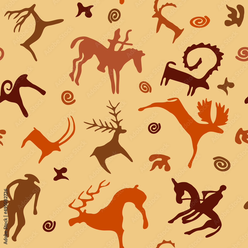 Seamless pattern. A series of petroglyphs, cave drawings, vector design. Seamless pattern. A series of petroglyphs, cave drawings, vector design.