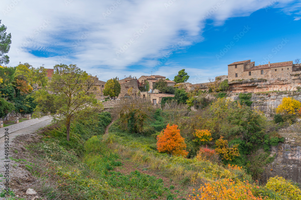 Autumn colors with buildings at Siurana. region Priorat, Catalonia, Spain.