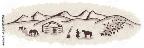 Sketch on the topic of life in Central Asia, vector illustration