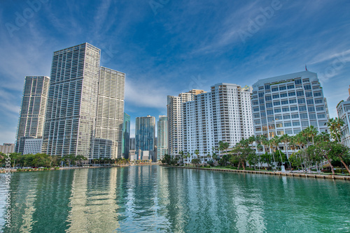 Downtown Miami morning skyline as seen from Brickell Key Bridge.