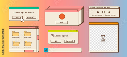 Vector set of 90s old desktop user interface elements. Nostalgic retro computer ui ux, vintage aesthetic icons and dialog windows. Vaporwave and retrowave style old computer aesthetics. Illustrations.