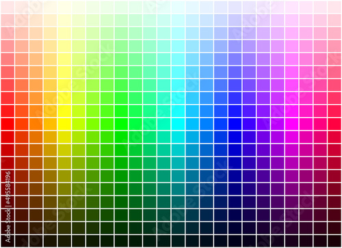 Color table of 24 hues, darker shades on bottom and lighter tints on top of the chart. Colorful scale by adding black or white to primary colors. RGB model, variety of colors, tool for combination.