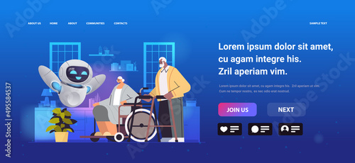 friendly robot nurse or volunteer supporting aged mix race people home care services healthcare artificial intelligence