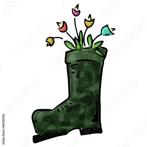 Rubber boot with flowers. Vector illustration of spring flowers in a rubber boot.