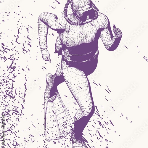 Monochrome silhouette of diver. Mesh grid texture