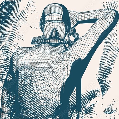 Monochrome silhouette of diver. Mesh grid texture