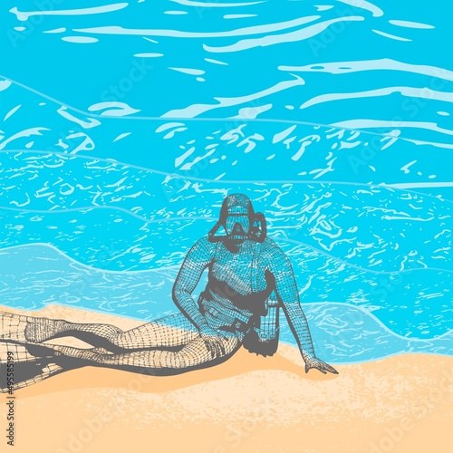 Monochrome silhouette of scuba diver who sits on the seashore. Mesh grid texture