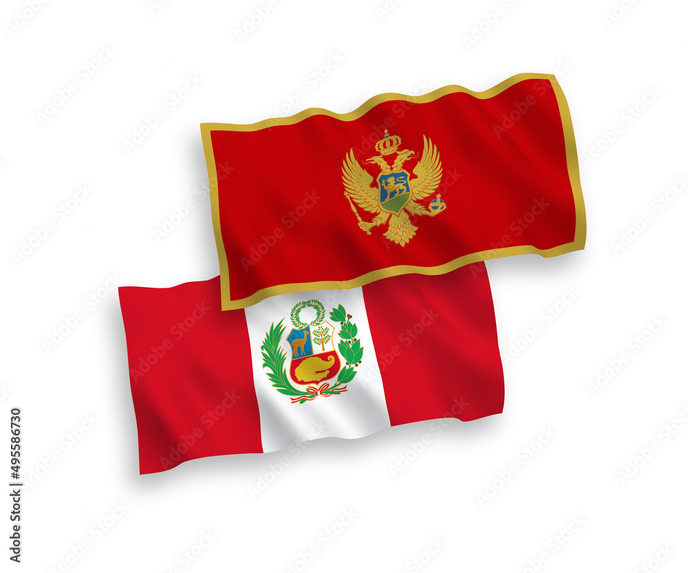 National vector fabric wave flags of Montenegro and Peru isolated on white background. 1 to 2 proportion. National vector fabric wave flags of Montenegro and Peru isolated on white background. 1 to 2 proportion.
