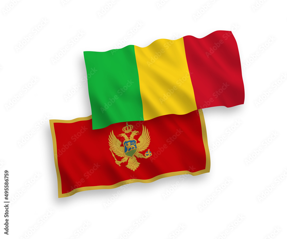 National vector fabric wave flags of Montenegro and Mali isolated on white background. 1 to 2 proportion.