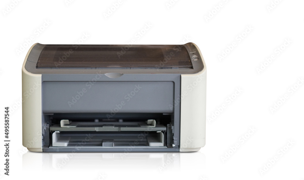 front view white and grey printer on white background, object, background, technology background, business, copy space front view white and grey printer on white background, object, background, technology background, business, copy space