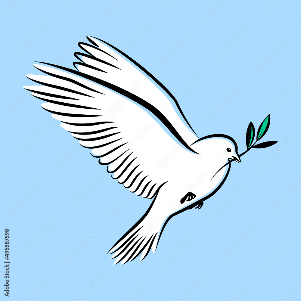 Fototapeta premium Silhouette of a flying dove with olive branch. White pigeon doodle. Vector illustration