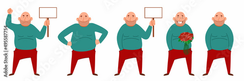 A set of male characters. A fat bald man with a sign for text in his hand.