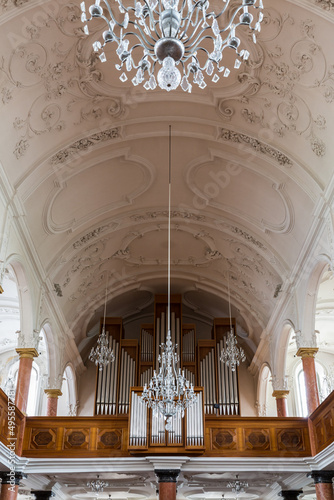 symmetric view on organ pipe of St. Peter church in Zurich photo