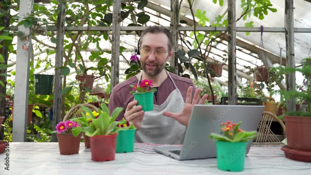 Man sells flowers and seedlings via video link on a laptop via the Internet. Gardening, sale Man sells flowers and seedlings via video link on a laptop via the Internet. Gardening, sale