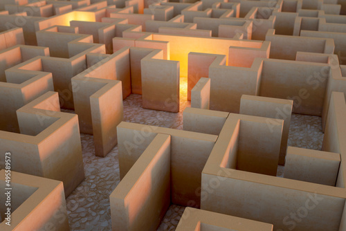 Creative illuminated maze backdrop. Solution and idea concept. 3D Rendering.