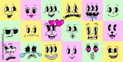 Vintage 30s 40s 50s cartoon Expressive eyes and mouth, smiling, crying and surprised character face expressions emoji set Premium Vector