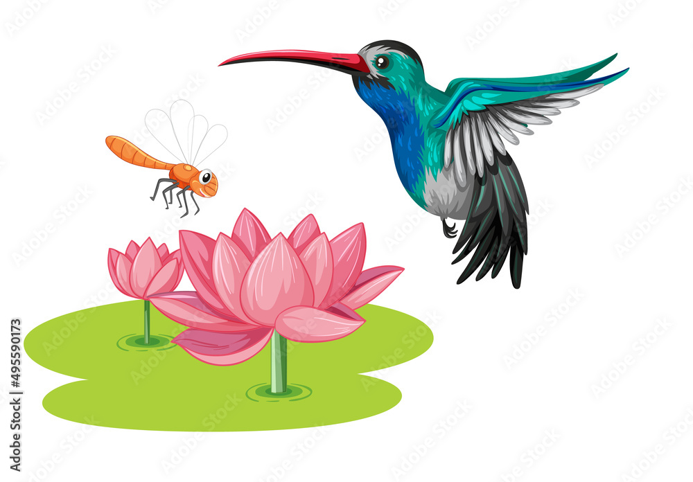Obraz premium Hummingbird with lotus flower in cartoon style