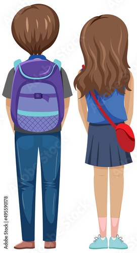 Backside of couple travelers on white background