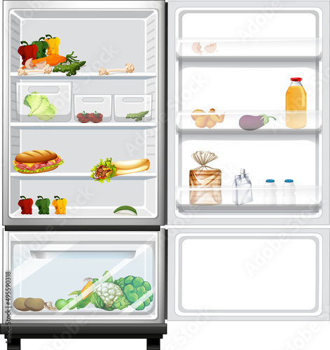 Opened refrigerator with food inside