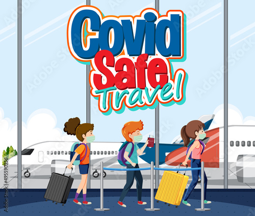 Covid Safe Travel logo with passengers in terminal airport