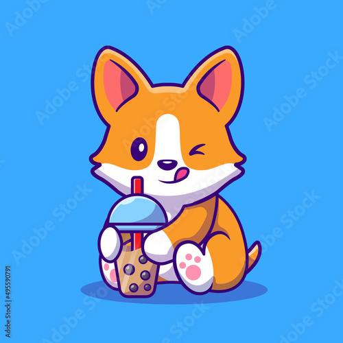 Cute Cat Drink Boba Milk Tea Cartoon Vector Icon Illustration