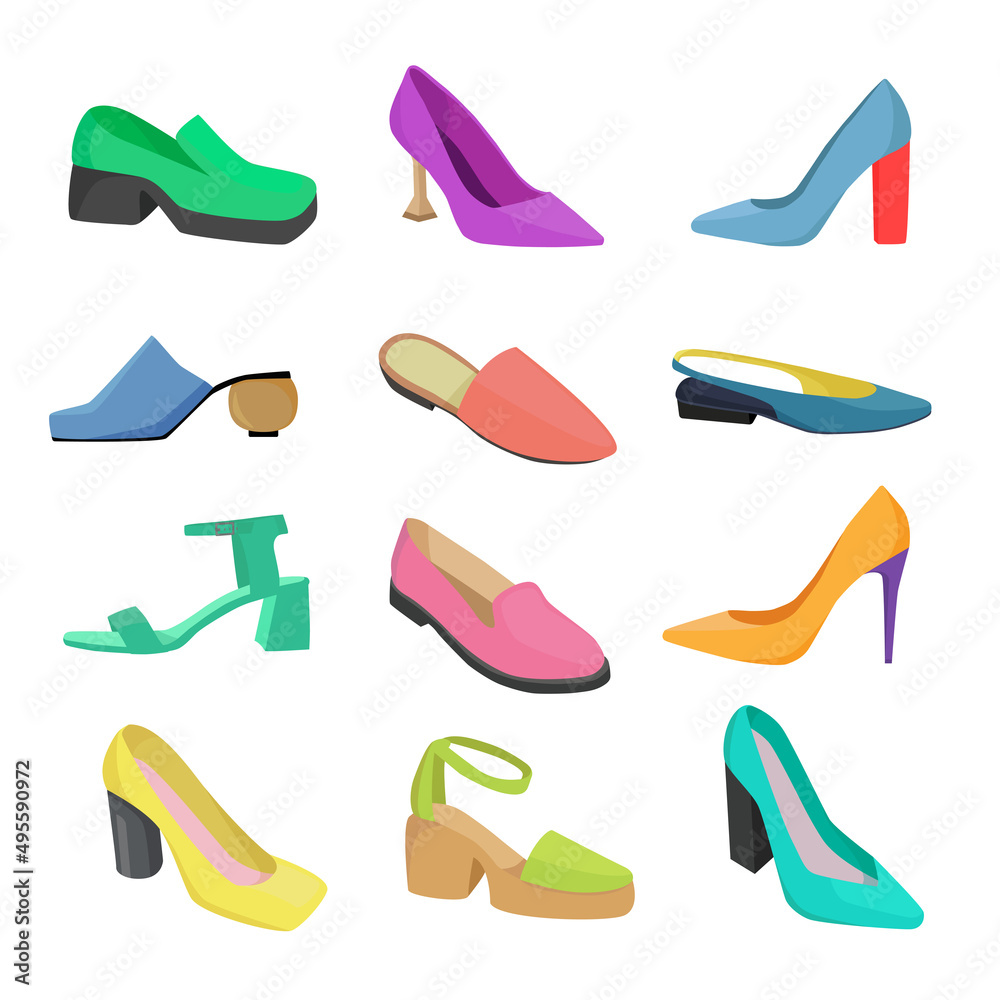 women's shoes fashion collection. Bright Summer Shoes vector clip art.
