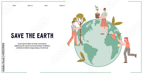 Save the Earth concept of web banner for topic of Environment conservation, planet greening and ecology. Nature environmental protection, flat vector illustration for website and posters.
