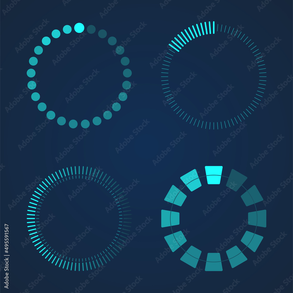 A set of four elements for user interface design. Icons for game design, business. Vector illustration with various lines, circles, stripes. Blue futuristic loading bar.