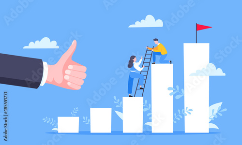 Business mentor helps to improve career and holding stairs steps vector illustration. Mentorship, upskills, climb help and self development strategy flat style design business concept.