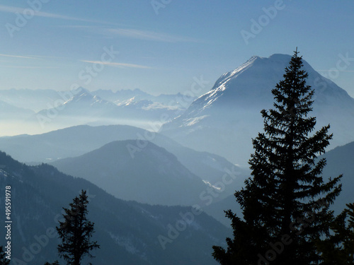 Winter hiking tour to Pleisenspitze mountain, Tyrol, Austria photo