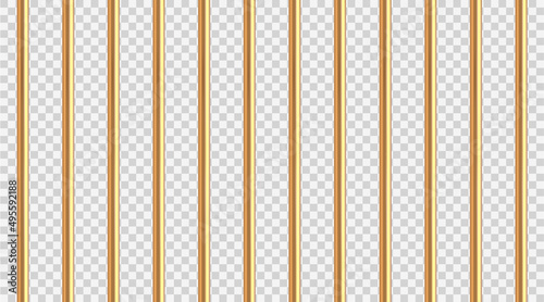 Realistic golden prison bars. Prison fence. Jail grates. Gold jail cage concept. Metal rods. Criminal grid background. Vector pattern. Illustration isolated on transparent background.