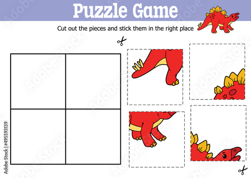 Vector educational kids puzzle game to cut and stick pieces with cartoon dino stegosaurus character