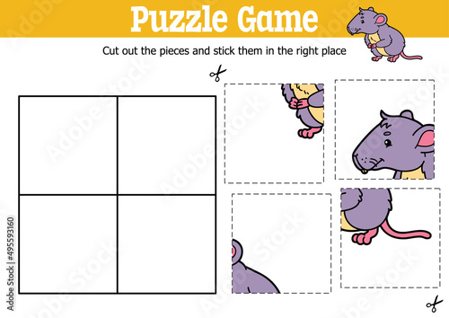 Vector educational kids puzzle game to cut and stick pieces with cartoon mouse character