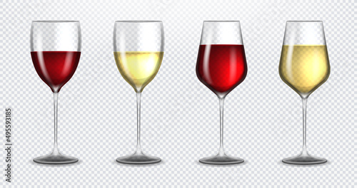 Set transparent vector wine glasses empty, with white and red wine on transparent background. Alcoholic drink. White and red wine. Vector illustration