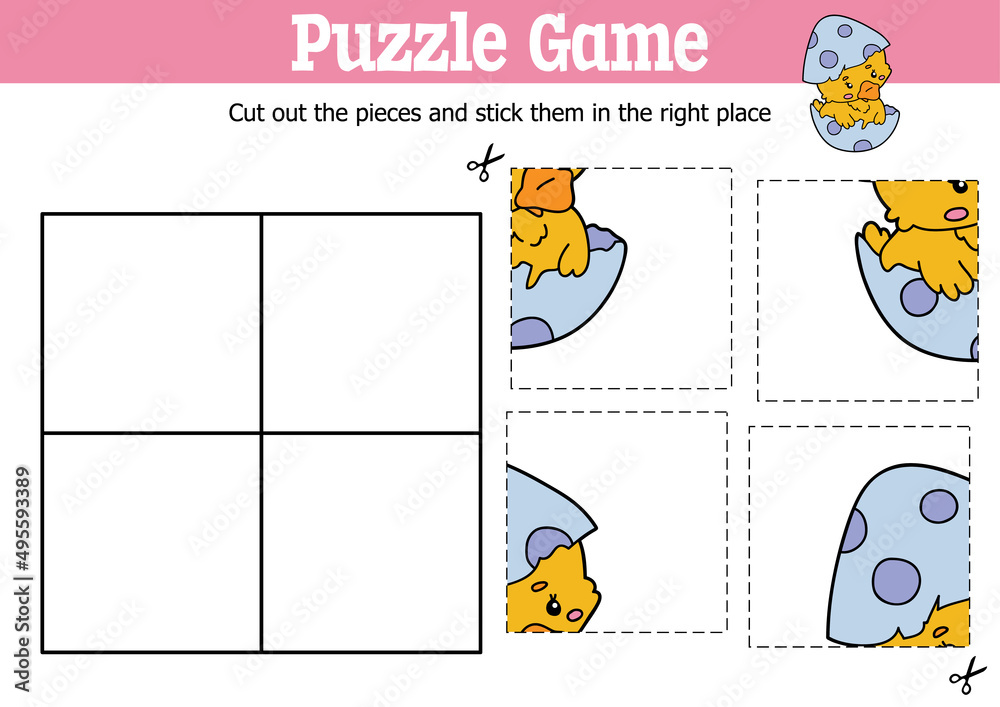 Vector educational kids puzzle game to cut and stick pieces with cartoon duck in shell character